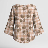 Brown Palaka Hawaii Kimono Sleeve Blouse Hawaiian Lehua Blossoms