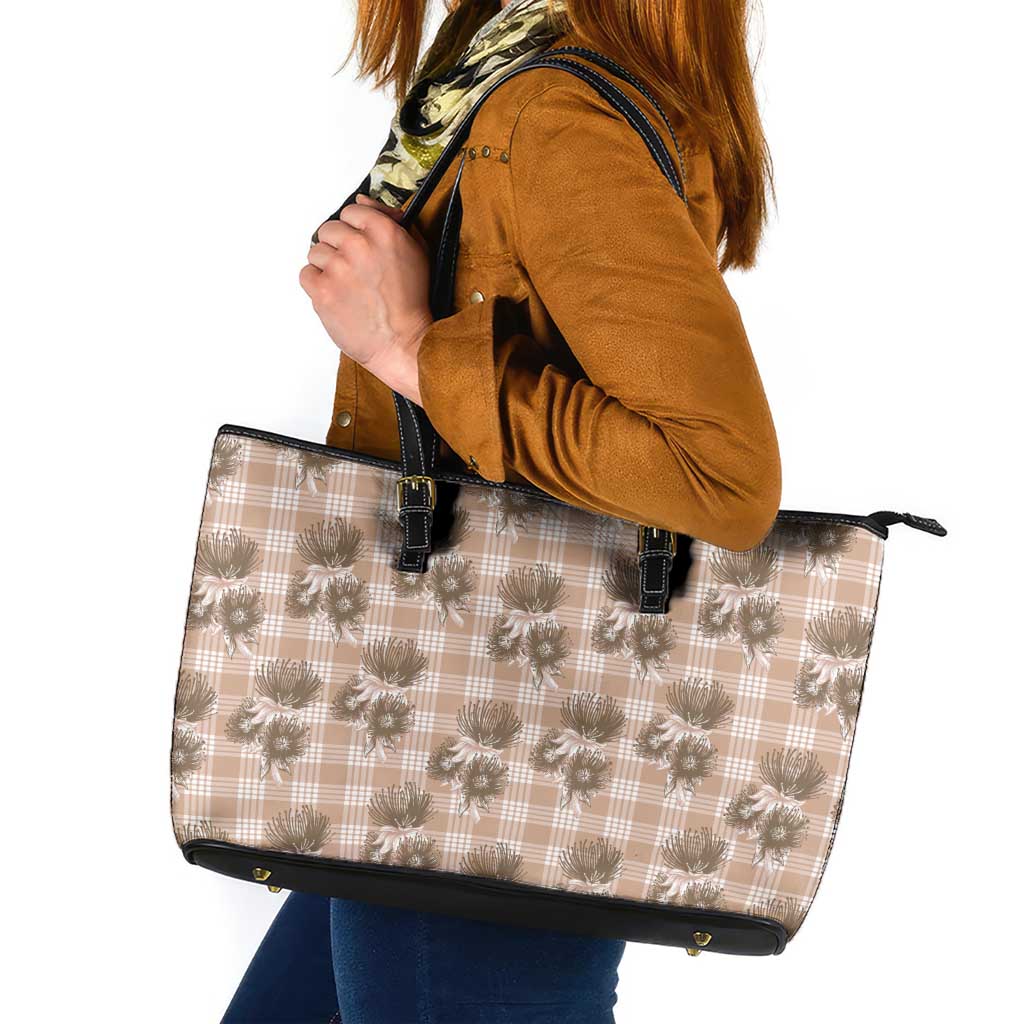 Brown Palaka Hawaii Leather Tote Bag Hawaiian Lehua Blossoms LT05 Brown - Polynesian Pride