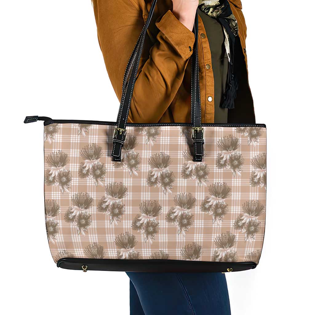 Brown Palaka Hawaii Leather Tote Bag Hawaiian Lehua Blossoms LT05 - Polynesian Pride