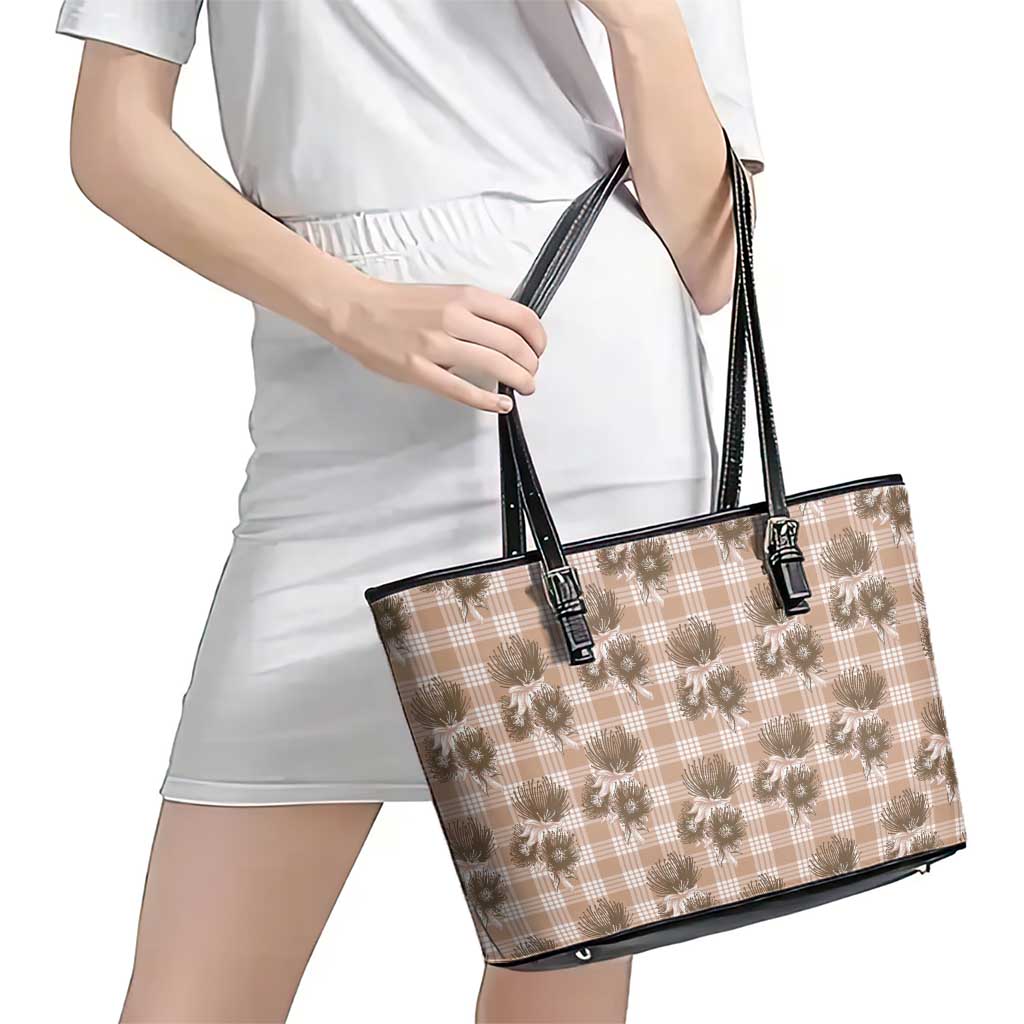 Brown Palaka Hawaii Leather Tote Bag Hawaiian Lehua Blossoms LT05 - Polynesian Pride