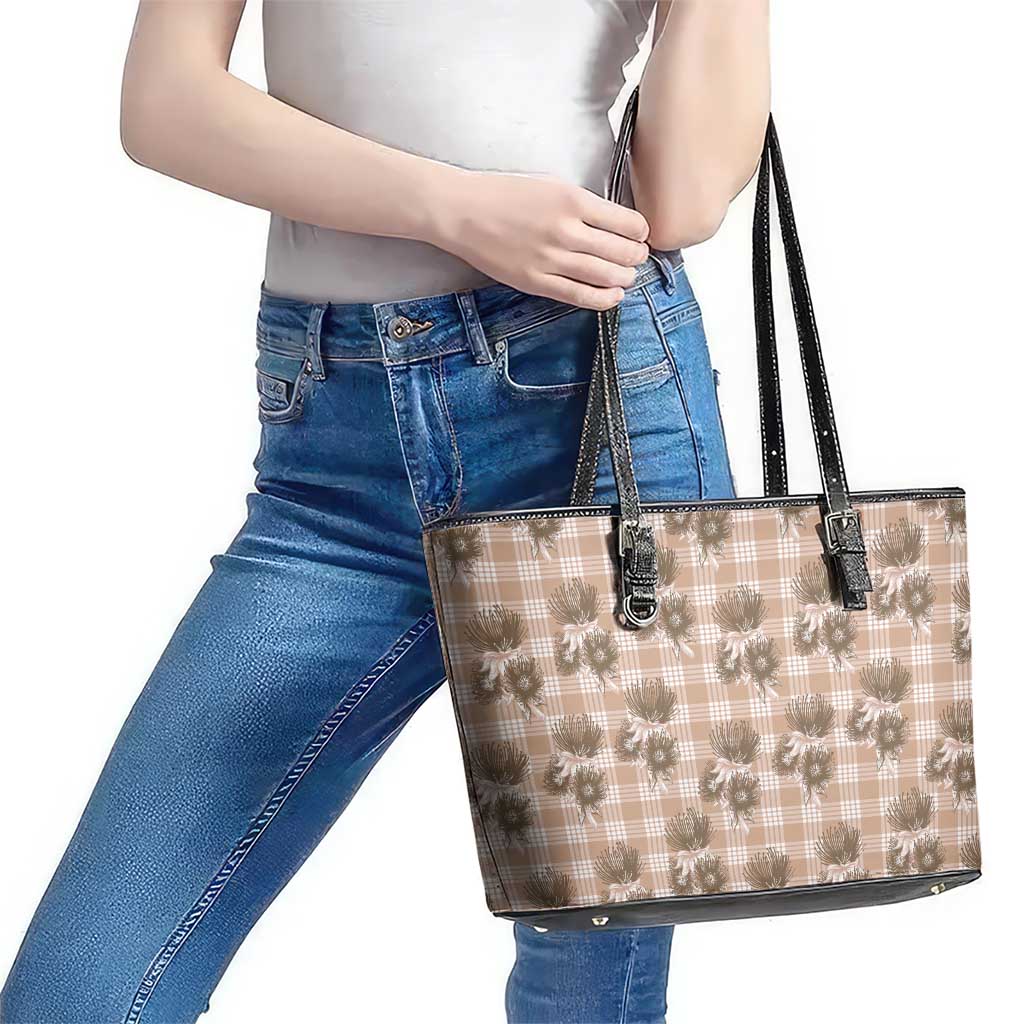 Brown Palaka Hawaii Leather Tote Bag Hawaiian Lehua Blossoms LT05 - Polynesian Pride