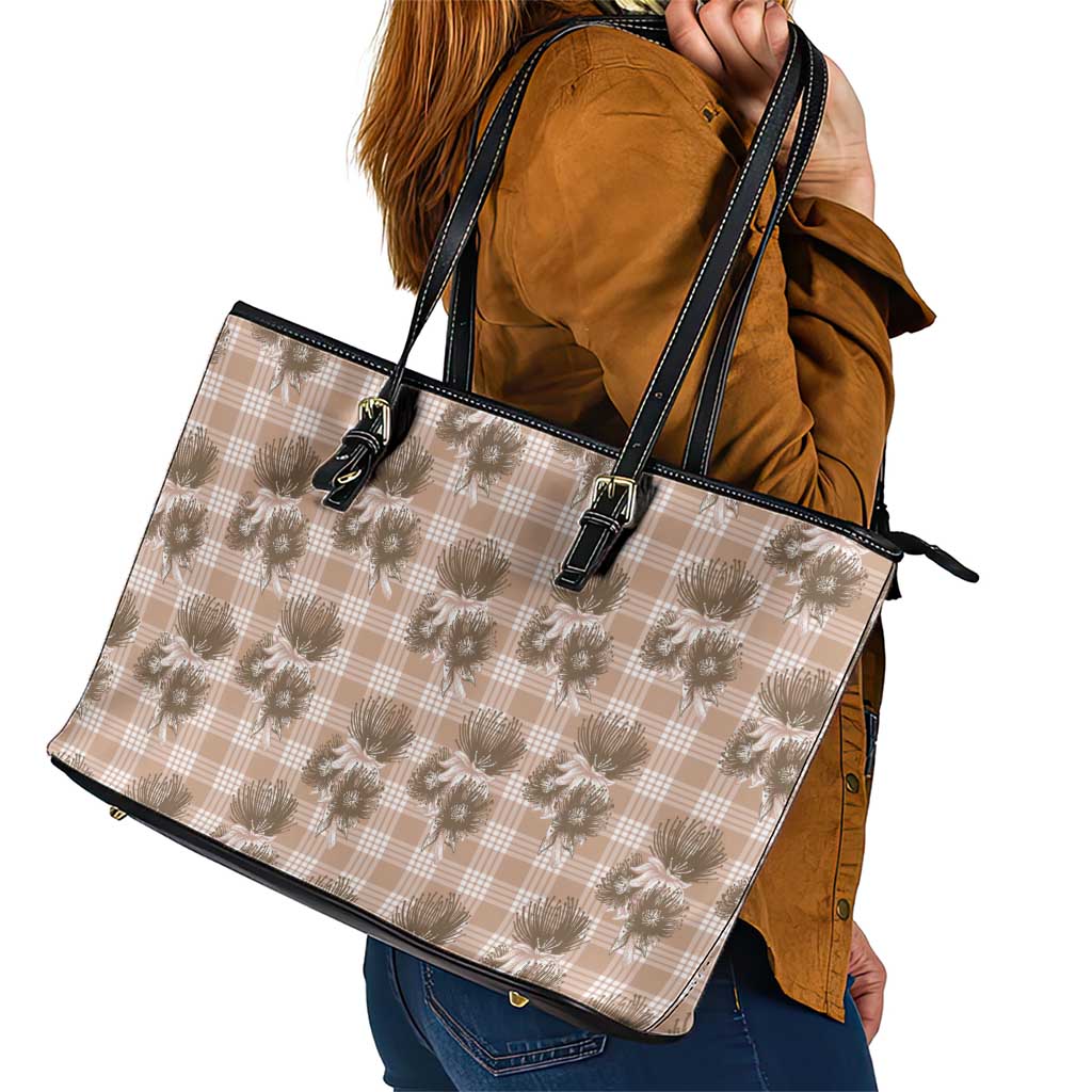 Brown Palaka Hawaii Leather Tote Bag Hawaiian Lehua Blossoms LT05 - Polynesian Pride