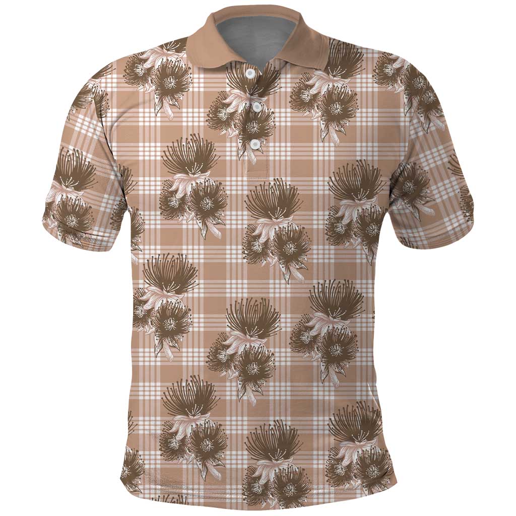 Brown Palaka Hawaii Polo Shirt Hawaiian Lehua Blossoms LT05 Brown - Polynesian Pride