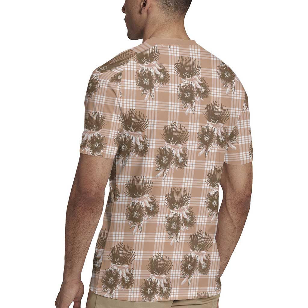 Brown Palaka Hawaii Rugby Jersey Hawaiian Lehua Blossoms