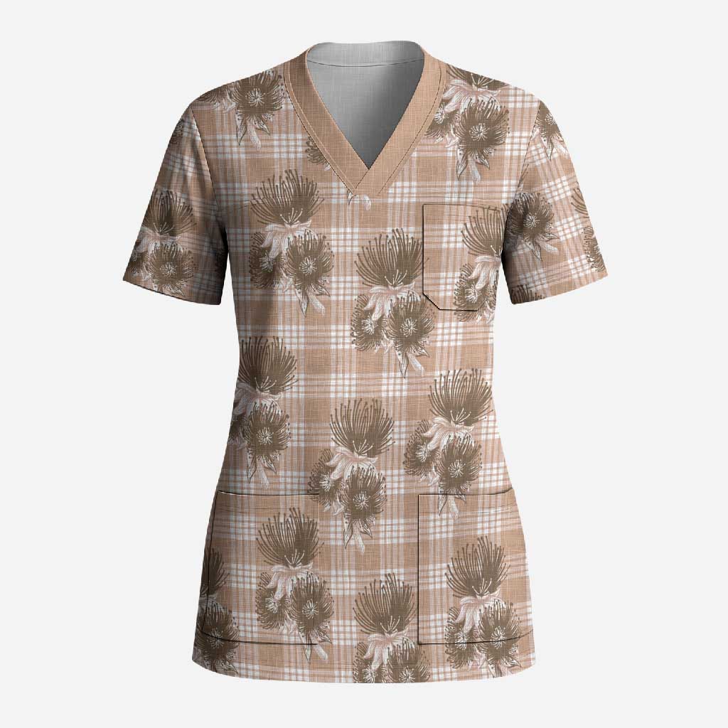 Brown Palaka Hawaii Scrub Top Hawaiian Lehua Blossoms