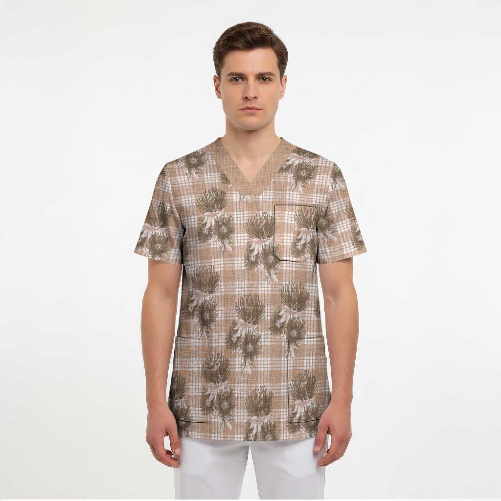 Brown Palaka Hawaii Scrub Top Hawaiian Lehua Blossoms