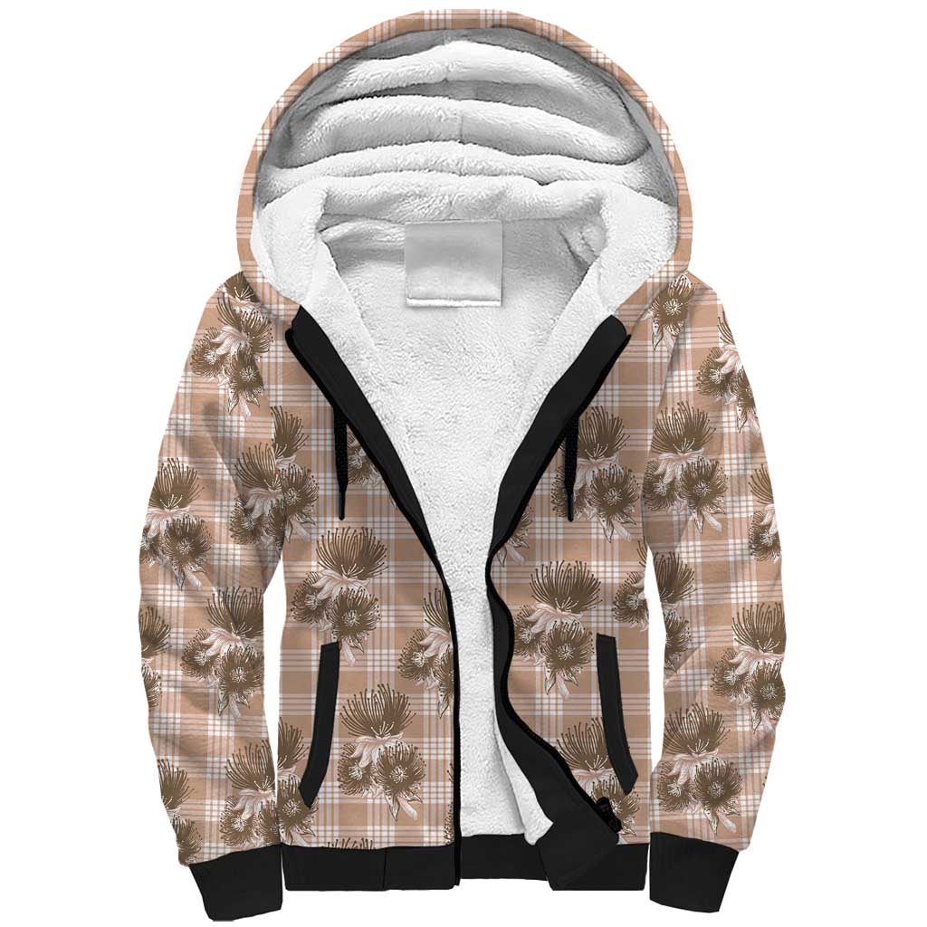 Brown Palaka Hawaii Sherpa Hoodie Hawaiian Lehua Blossoms