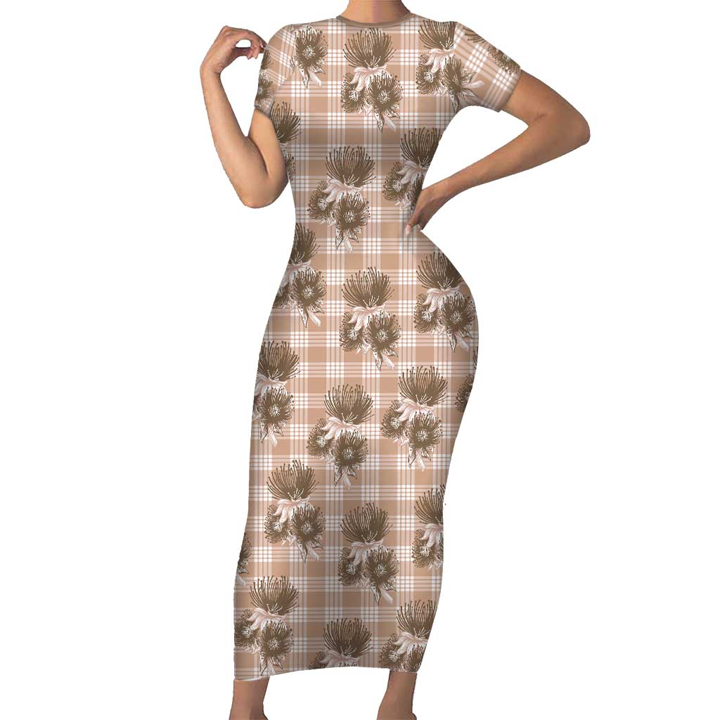 Brown Palaka Hawaii Short Sleeve Bodycon Dress Hawaiian Lehua Blossoms