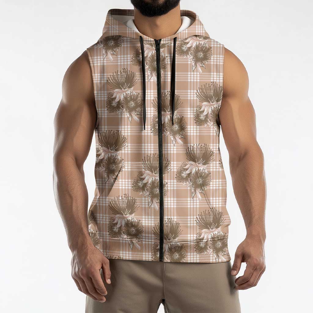 Brown Palaka Hawaii Sleeveless Zip Hoodie Hawaiian Lehua Blossoms