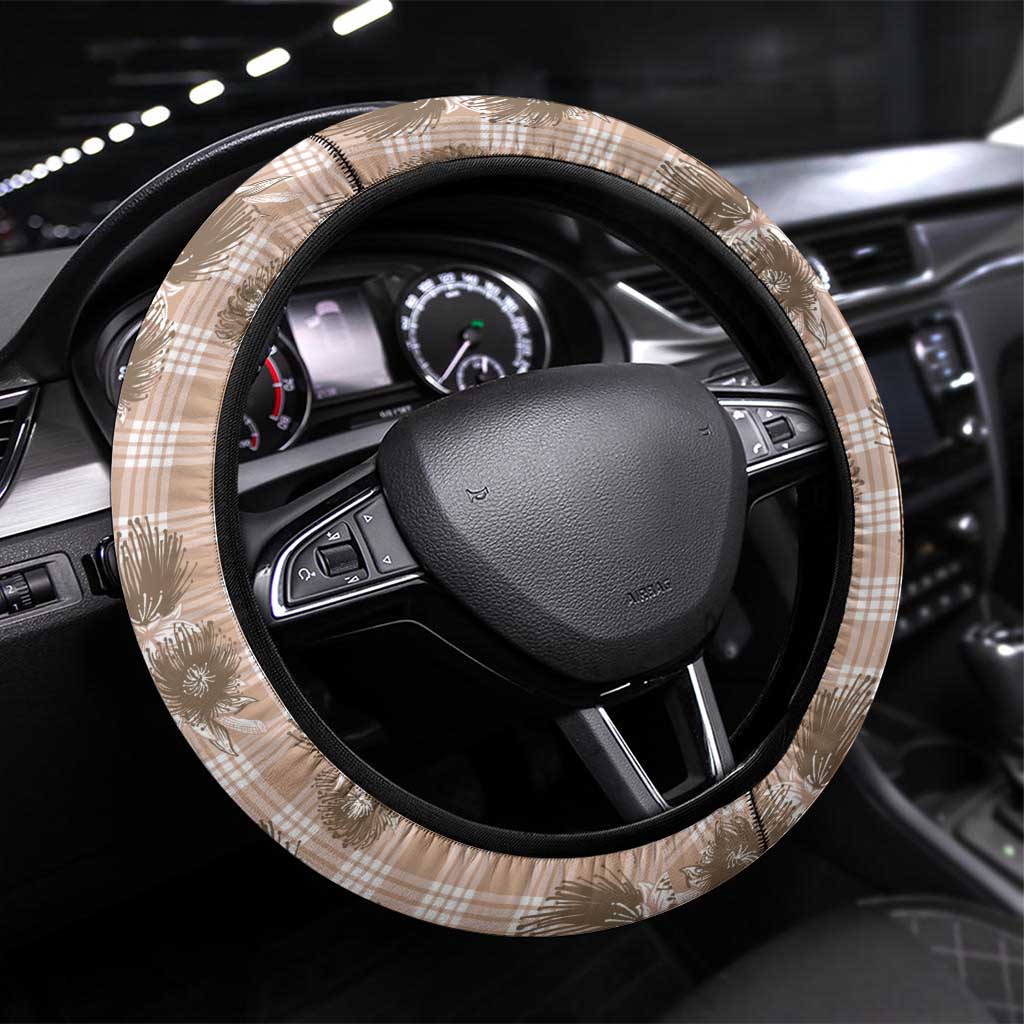 Brown Palaka Hawaii Steering Wheel Cover Hawaiian Lehua Blossoms LT05 Universal Fit Brown - Polynesian Pride