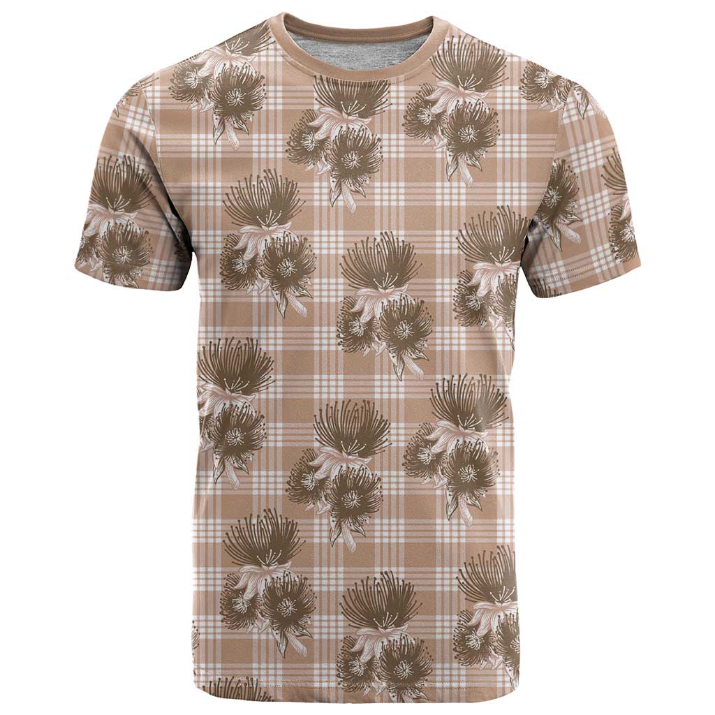 Brown Palaka Hawaii T Shirt Hawaiian Lehua Blossoms