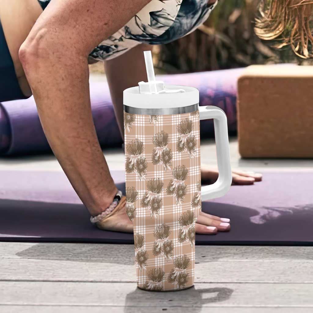 Brown Palaka Hawaii Tumbler With Handle Hawaiian Lehua Blossoms