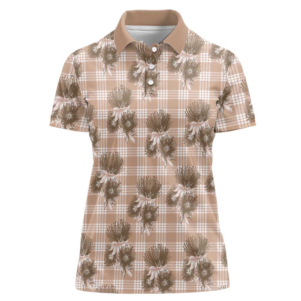 Brown Palaka Hawaii Women Polo Shirt Hawaiian Lehua Blossoms
