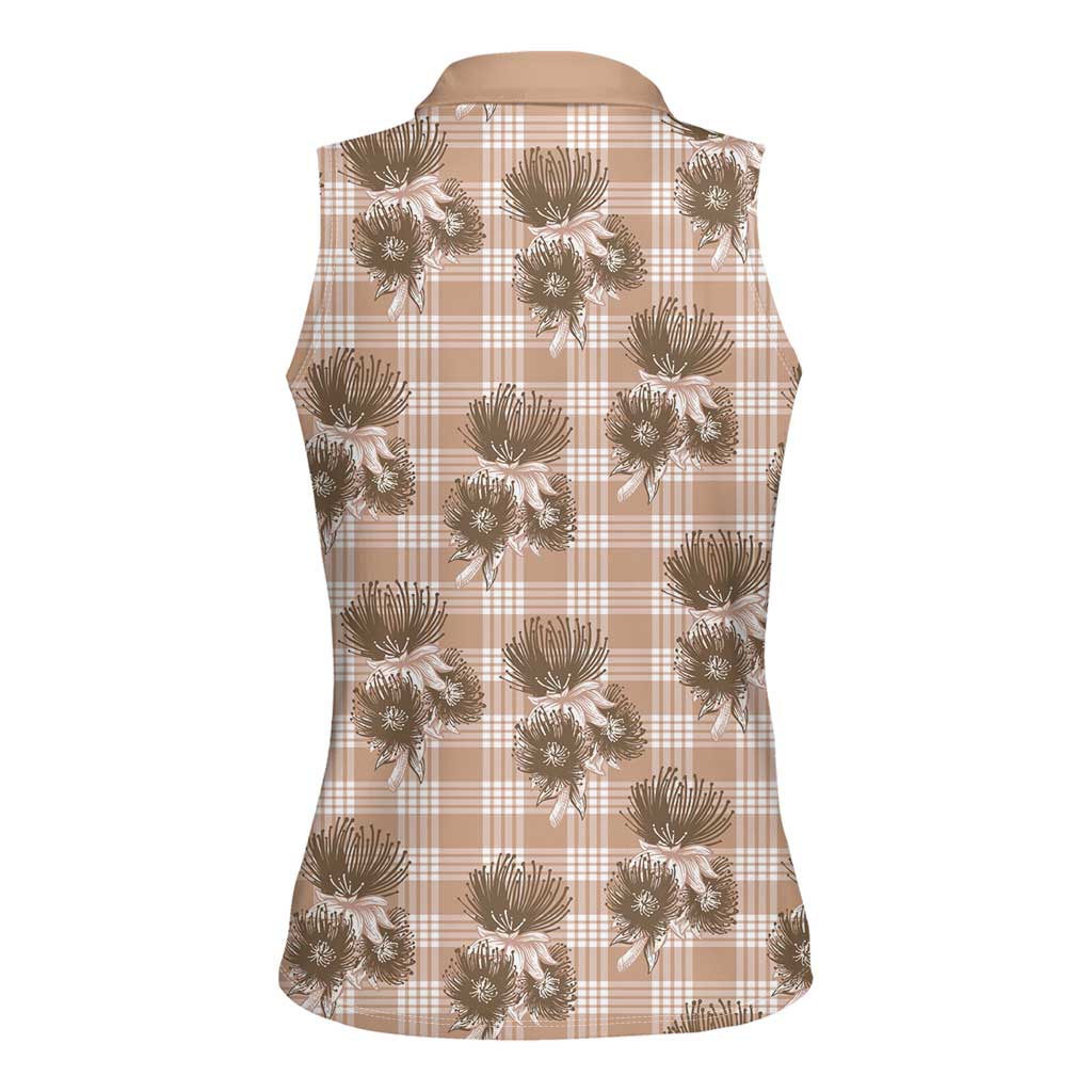 Brown Palaka Hawaii Women Sleeveless Polo Shirt Hawaiian Lehua Blossoms
