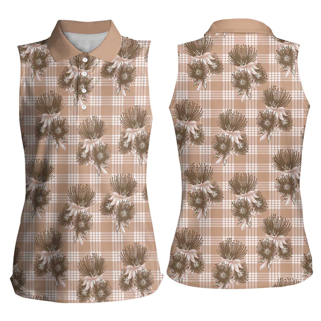 Brown Palaka Hawaii Women Sleeveless Polo Shirt Hawaiian Lehua Blossoms