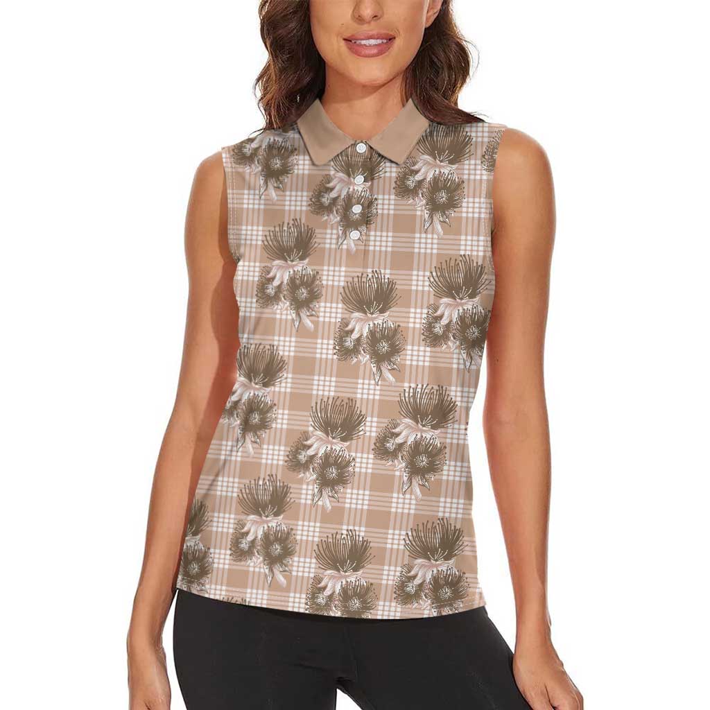 Brown Palaka Hawaii Women Sleeveless Polo Shirt Hawaiian Lehua Blossoms