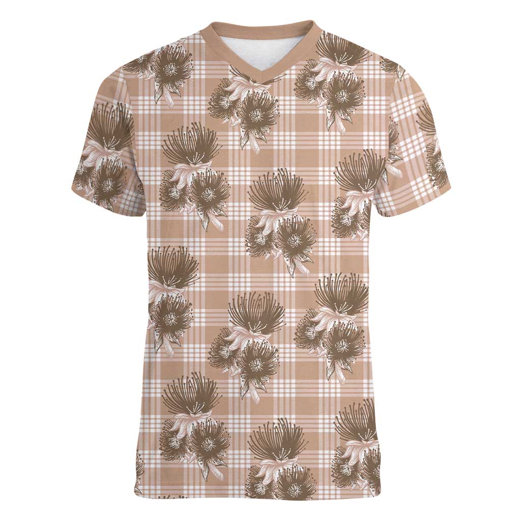 Brown Palaka Hawaii Women V-Neck T-Shirt Hawaiian Lehua Blossoms LT05 Female Brown - Polynesian Pride