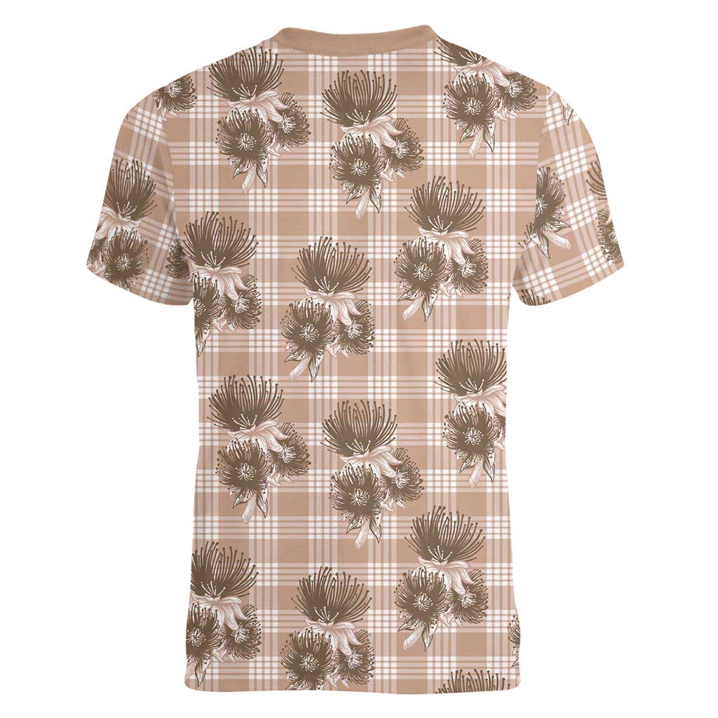 Brown Palaka Hawaii Women V-Neck T-Shirt Hawaiian Lehua Blossoms LT05 - Polynesian Pride
