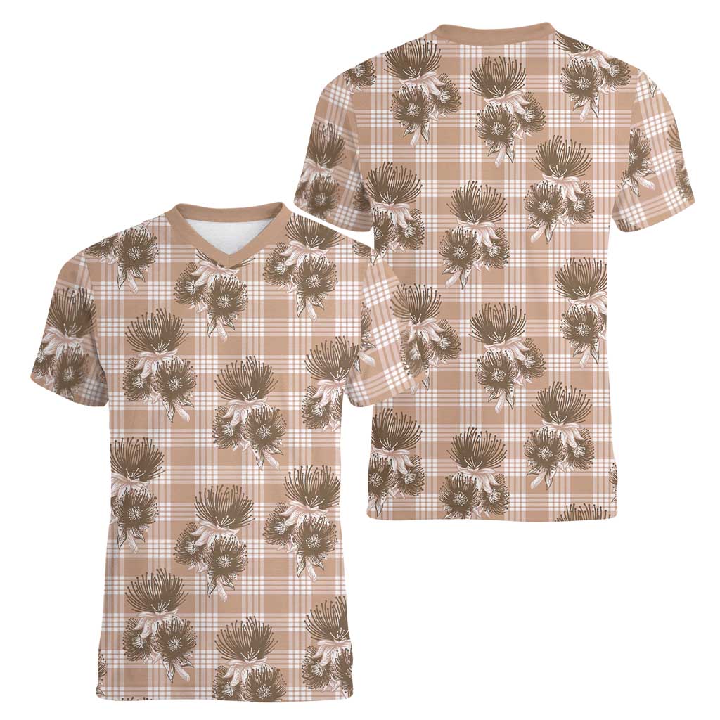 Brown Palaka Hawaii Women V-Neck T-Shirt Hawaiian Lehua Blossoms LT05 - Polynesian Pride