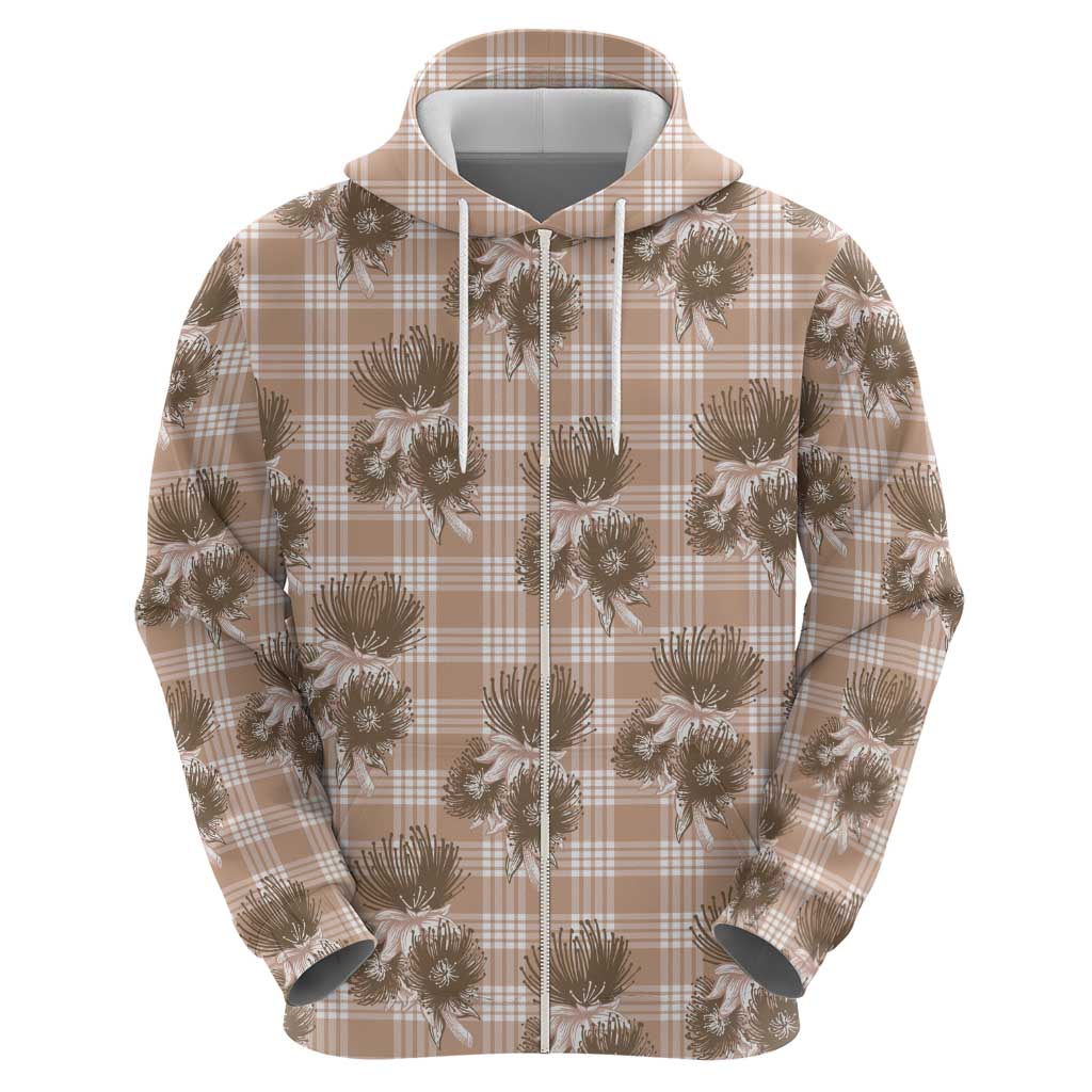 Brown Palaka Hawaii Zip Hoodie Hawaiian Lehua Blossoms LT05 - Polynesian Pride