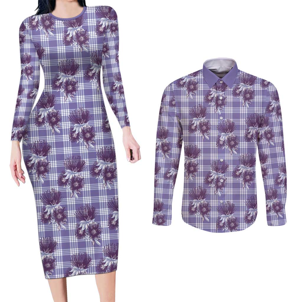 Purple Palaka Hawaii Couples Matching Long Sleeve Bodycon Dress and Long Sleeve Button Shirt Hawaiian Lehua Blossoms