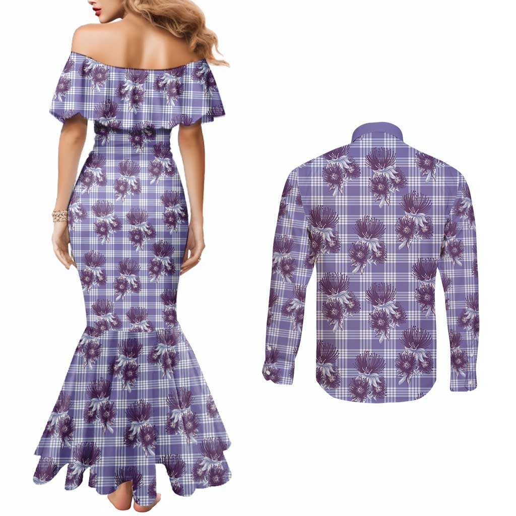 Purple Palaka Hawaii Couples Matching Mermaid Dress and Long Sleeve Button Shirt Hawaiian Lehua Blossoms