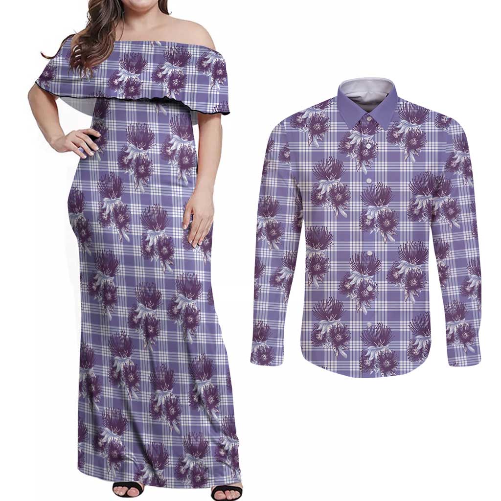 Purple Palaka Hawaii Couples Matching Off Shoulder Maxi Dress and Long Sleeve Button Shirt Hawaiian Lehua Blossoms