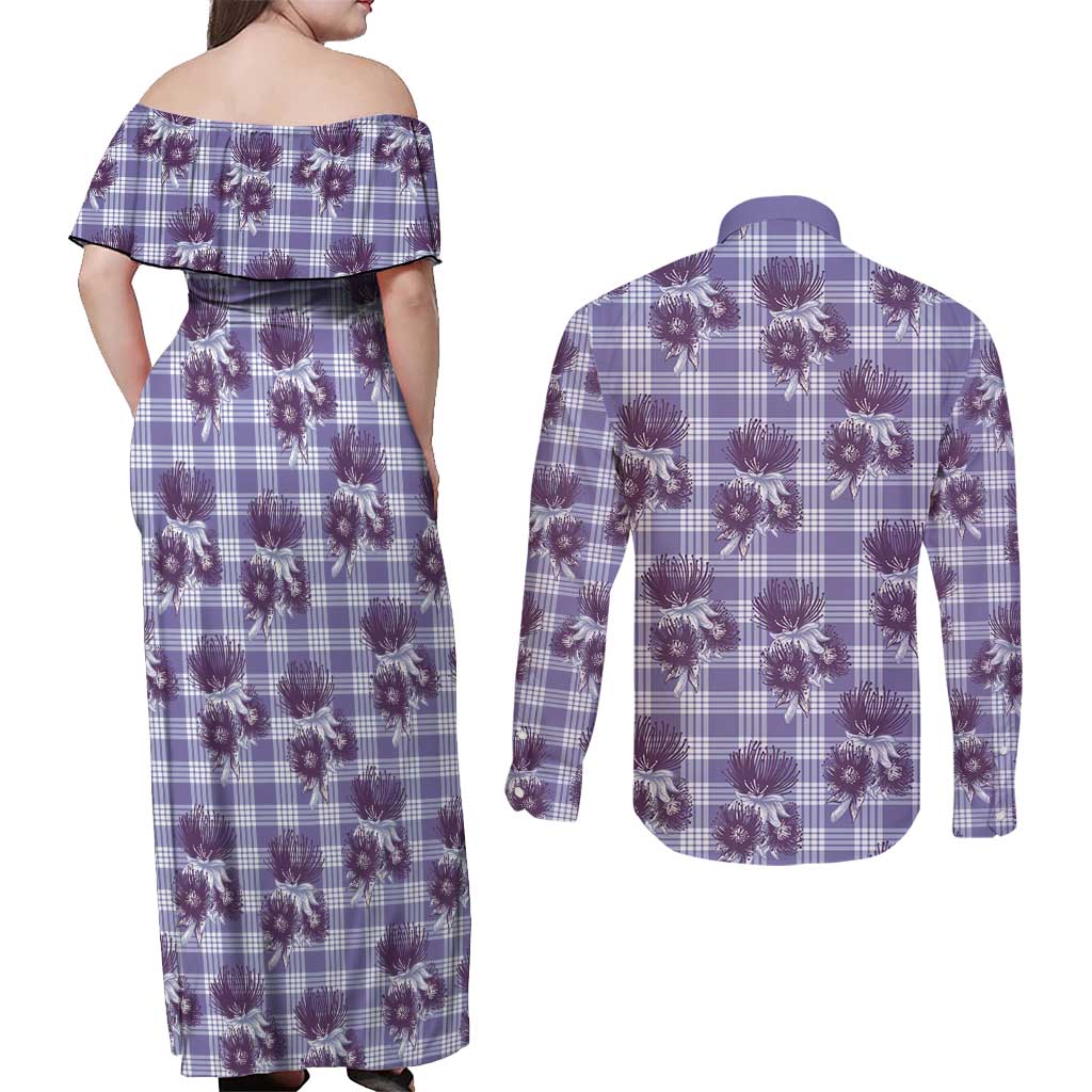 Purple Palaka Hawaii Couples Matching Off Shoulder Maxi Dress and Long Sleeve Button Shirt Hawaiian Lehua Blossoms