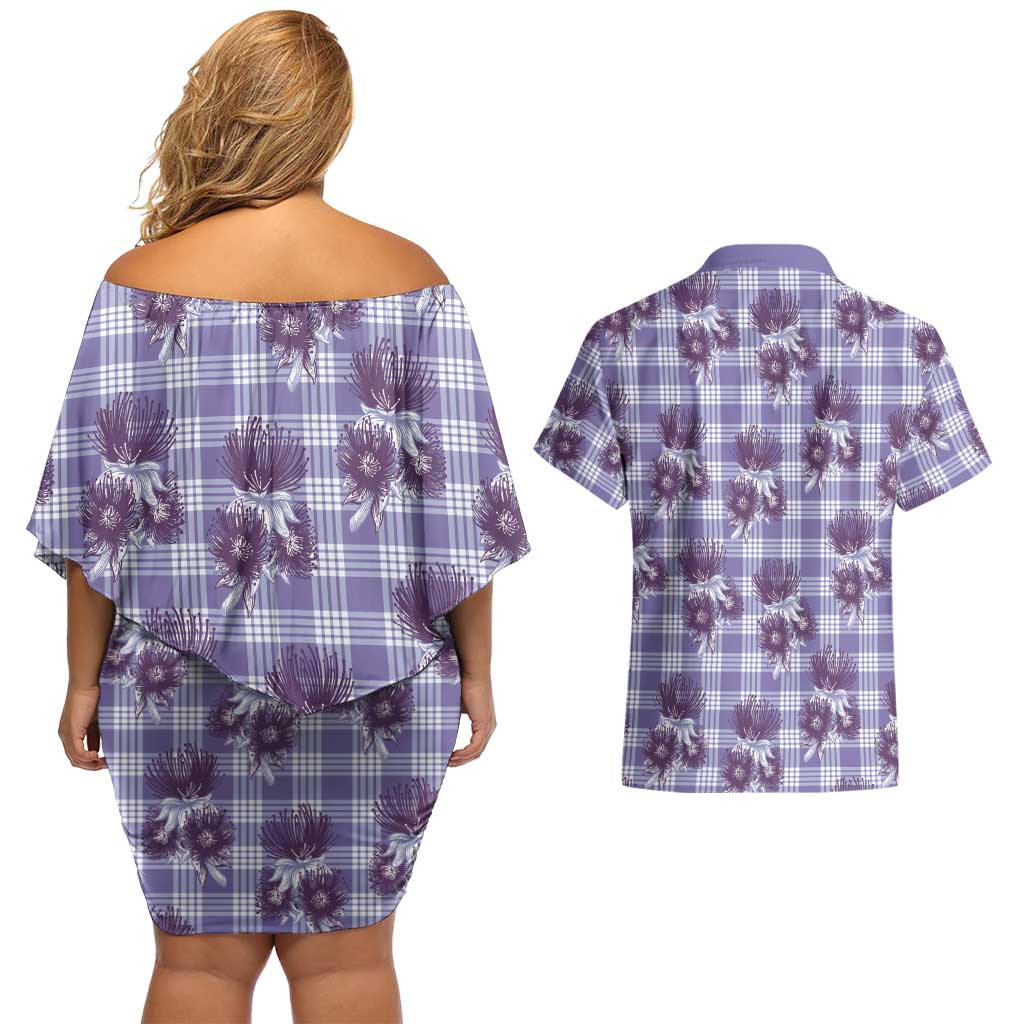 Purple Palaka Hawaii Couples Matching Off Shoulder Short Dress and Hawaiian Shirt Hawaiian Lehua Blossoms