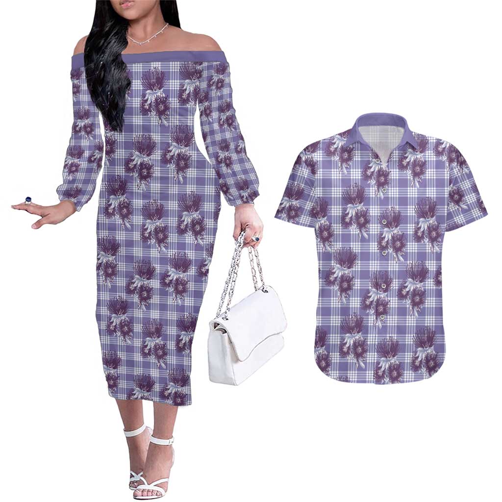 Purple Palaka Hawaii Couples Matching Off The Shoulder Long Sleeve Dress and Hawaiian Shirt Hawaiian Lehua Blossoms
