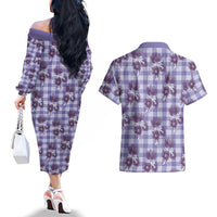 Purple Palaka Hawaii Couples Matching Off The Shoulder Long Sleeve Dress and Hawaiian Shirt Hawaiian Lehua Blossoms