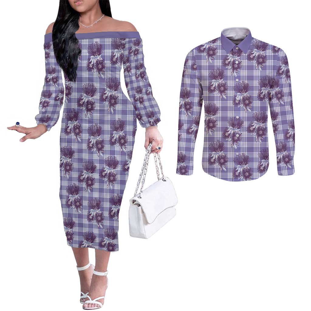 Purple Palaka Hawaii Couples Matching Off The Shoulder Long Sleeve Dress and Long Sleeve Button Shirt Hawaiian Lehua Blossoms
