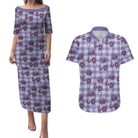 Purple Palaka Hawaii Couples Matching Puletasi and Hawaiian Shirt Hawaiian Lehua Blossoms