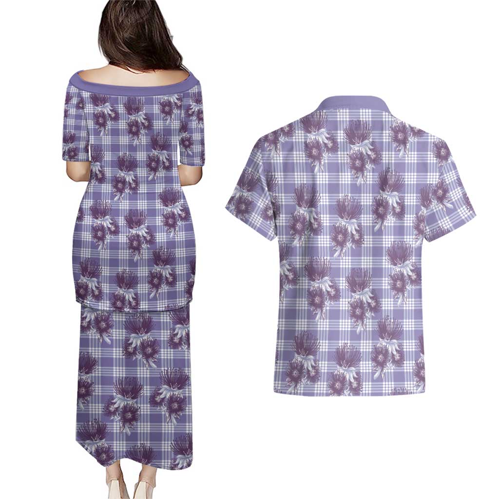Purple Palaka Hawaii Couples Matching Puletasi and Hawaiian Shirt Hawaiian Lehua Blossoms