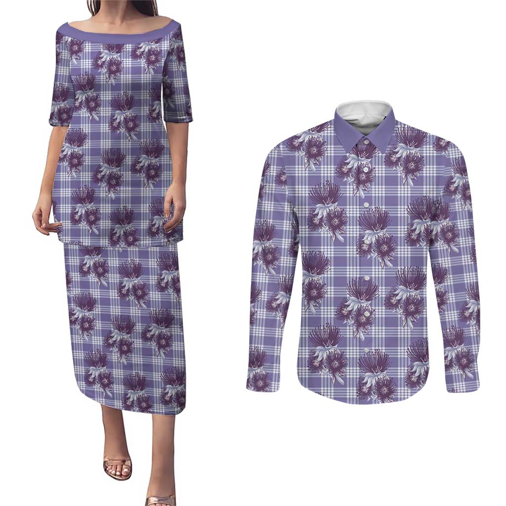 Purple Palaka Hawaii Couples Matching Puletasi and Long Sleeve Button Shirt Hawaiian Lehua Blossoms