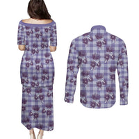 Purple Palaka Hawaii Couples Matching Puletasi and Long Sleeve Button Shirt Hawaiian Lehua Blossoms