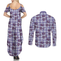 Purple Palaka Hawaii Couples Matching Summer Maxi Dress and Long Sleeve Button Shirt Hawaiian Lehua Blossoms