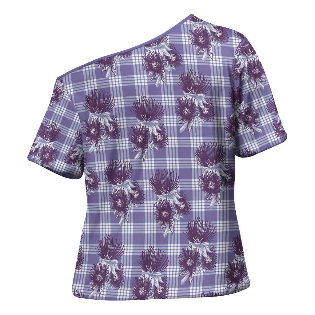 Purple Palaka Hawaii Cross Shoulder Shirt Hawaiian Lehua Blossoms