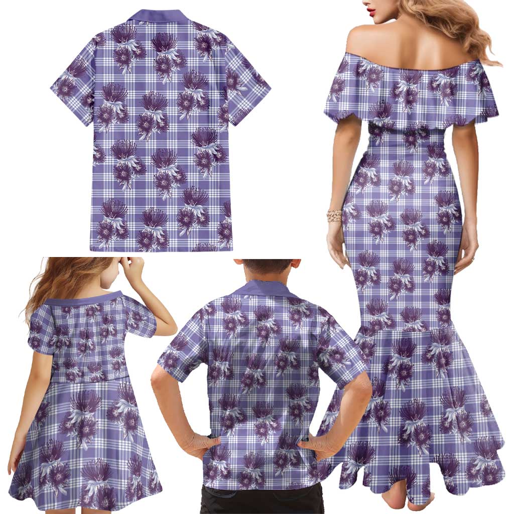 Purple Palaka Hawaii Family Matching Mermaid Dress and Hawaiian Shirt Hawaiian Lehua Blossoms