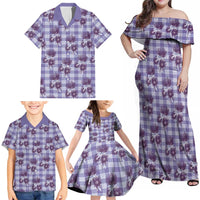 Purple Palaka Hawaii Family Matching Off Shoulder Maxi Dress and Hawaiian Shirt Hawaiian Lehua Blossoms