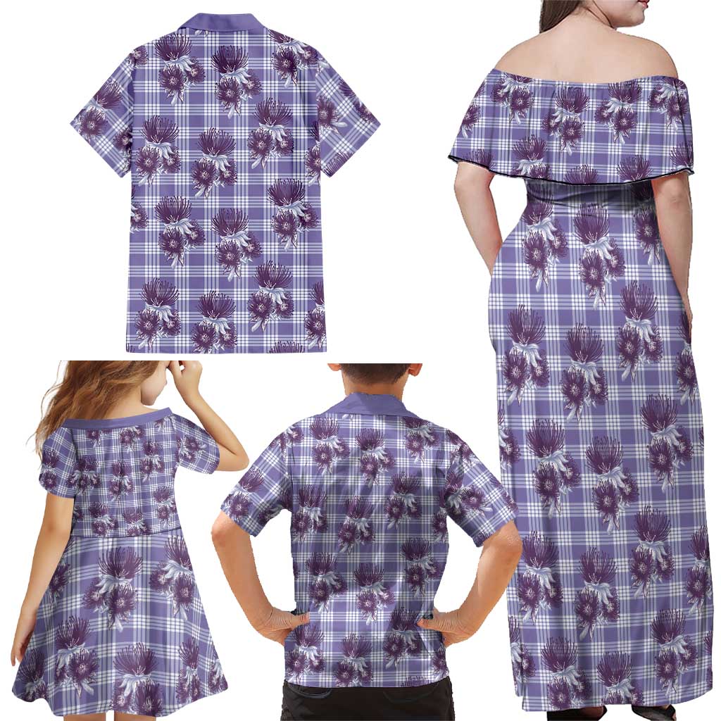 Purple Palaka Hawaii Family Matching Off Shoulder Maxi Dress and Hawaiian Shirt Hawaiian Lehua Blossoms