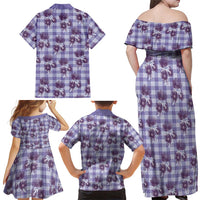 Purple Palaka Hawaii Family Matching Off Shoulder Maxi Dress and Hawaiian Shirt Hawaiian Lehua Blossoms