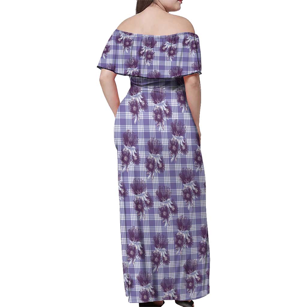 Purple Palaka Hawaii Family Matching Off Shoulder Maxi Dress and Hawaiian Shirt Hawaiian Lehua Blossoms