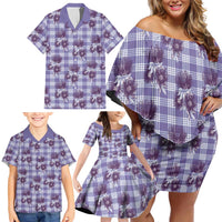 Purple Palaka Hawaii Family Matching Off Shoulder Short Dress and Hawaiian Shirt Hawaiian Lehua Blossoms