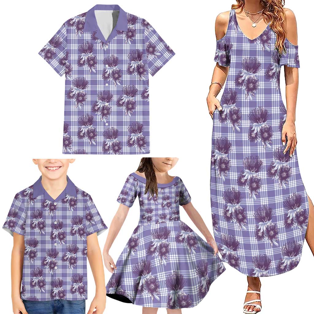 Purple Palaka Hawaii Family Matching Summer Maxi Dress and Hawaiian Shirt Hawaiian Lehua Blossoms