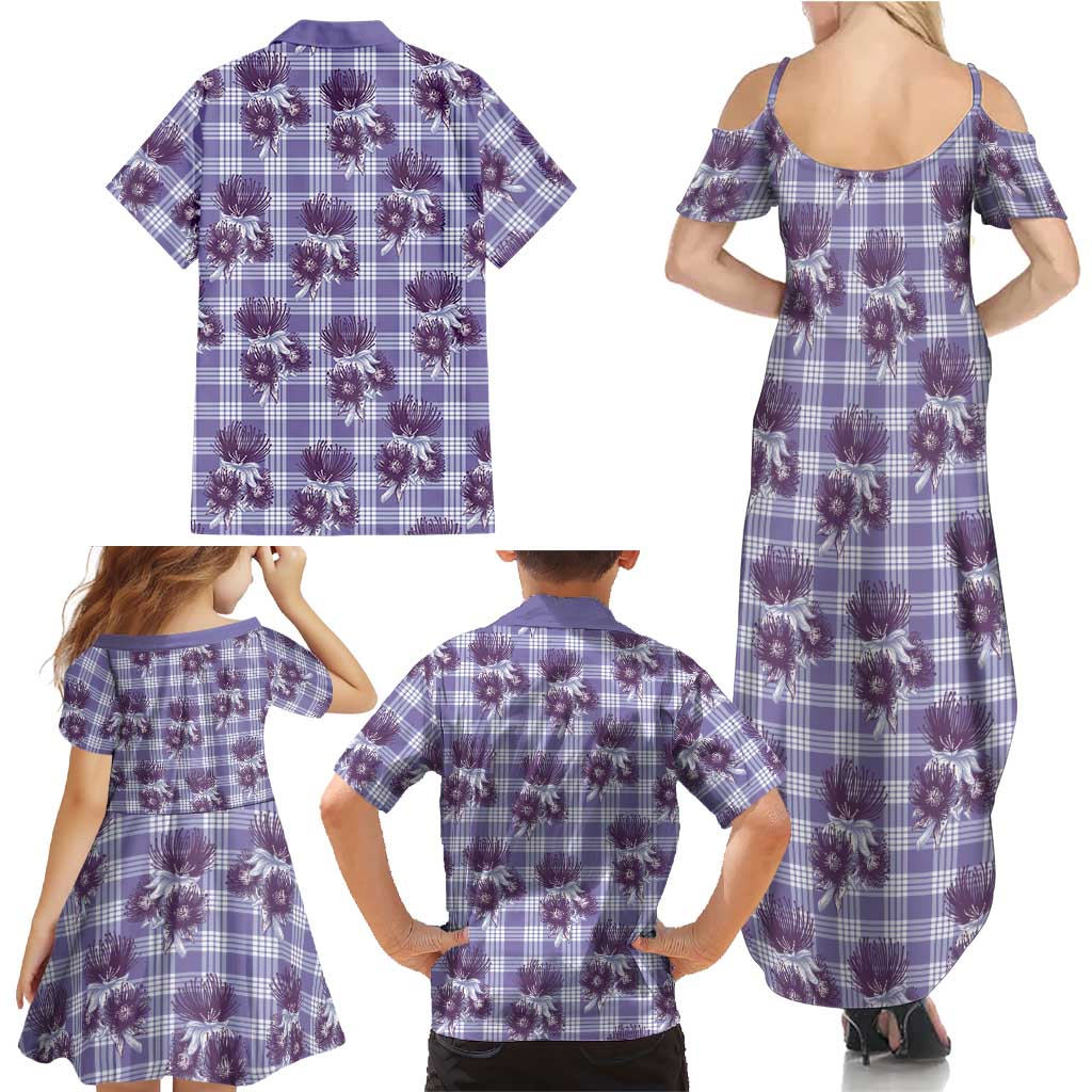 Purple Palaka Hawaii Family Matching Summer Maxi Dress and Hawaiian Shirt Hawaiian Lehua Blossoms