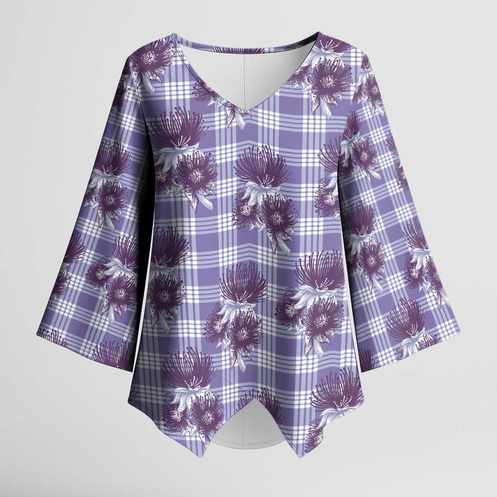 Purple Palaka Hawaii Kimono Sleeve Blouse Hawaiian Lehua Blossoms