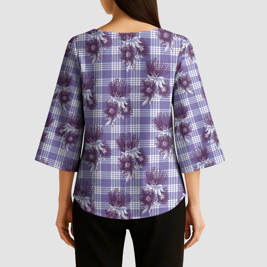 Purple Palaka Hawaii Kimono Sleeve Blouse Hawaiian Lehua Blossoms