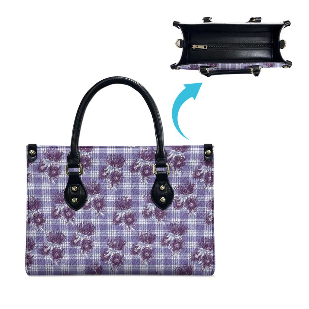 Purple Palaka Hawaii Leather Bag Hawaiian Lehua Blossoms