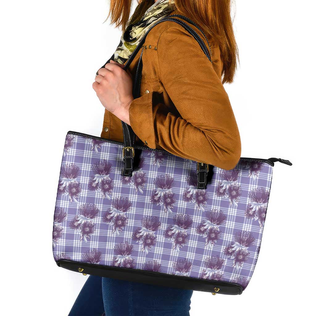 Purple Palaka Hawaii Leather Tote Bag Hawaiian Lehua Blossoms